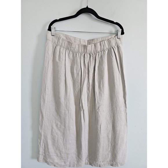 FLAX Lagenlook Maxi Skirt M Gray Linen Elastic Waist  Front Slit - Picture 2 of 4